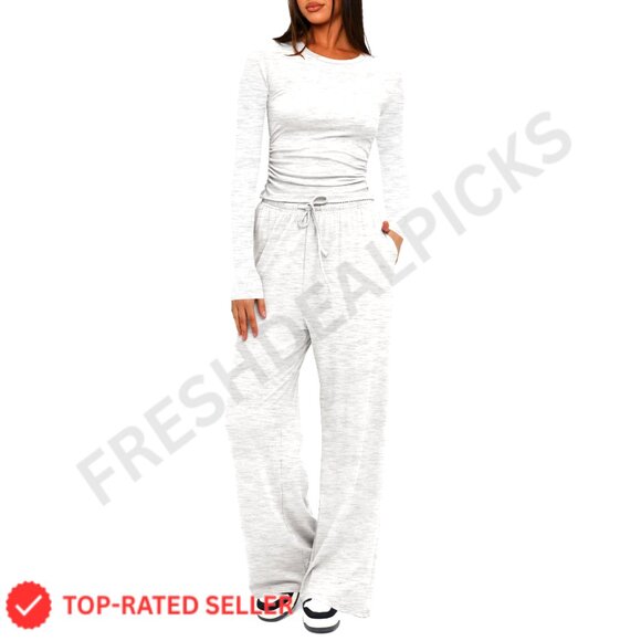 Two Piece Lounge Set Long Sleeve Top Wide Leg Pants Casual Chic Loungewear